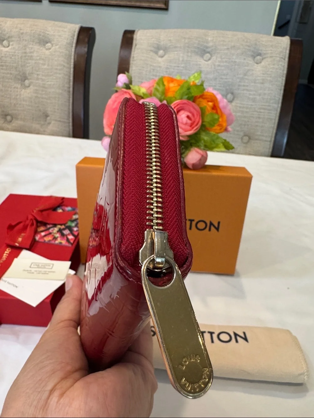 Authentic Louis Vuitton Vernis Zip-Around Wallet in Deep Red